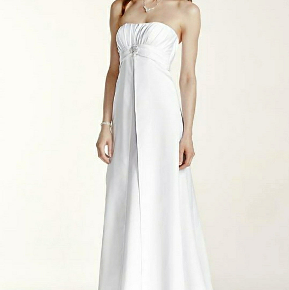David's Bridal romantic strapless satin A-line wedding gown